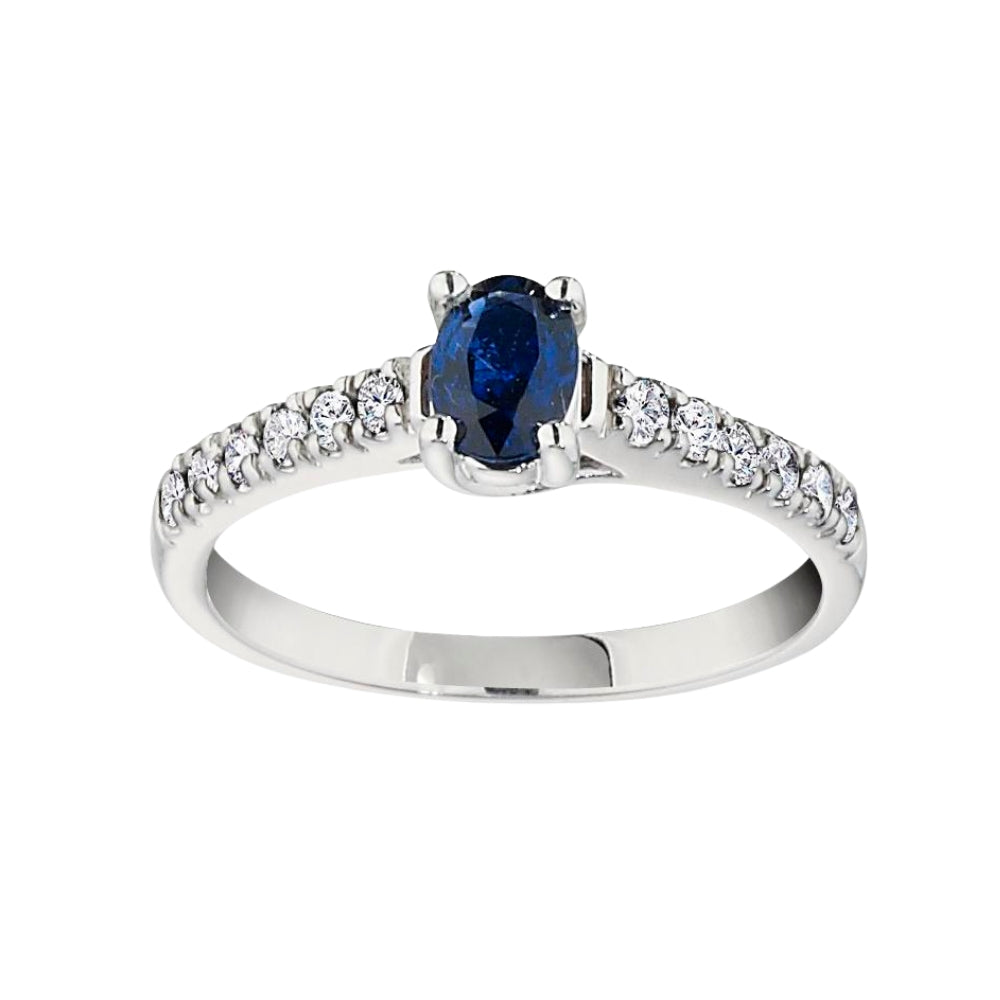 September birthstone, classic sapphire ring with dimaond sides, diamond and sapphire ring, sapphire ring with diamond band, made in USA jewelry, sapphire diamond gold ring