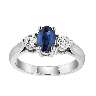 sapphire and diamond three stone rings, sapphire rings, classic sapphire rings, made in USA jewelry, three stone sapphire and diamond ring, sapphire diamond gold ring