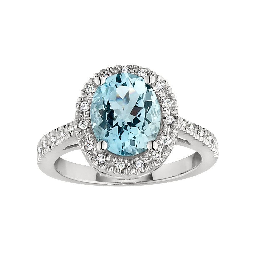 aquamarine and diamond ring, aquamarine diamond gold ring, halo diamond gemstone ring, large gemstone halo gold ring
