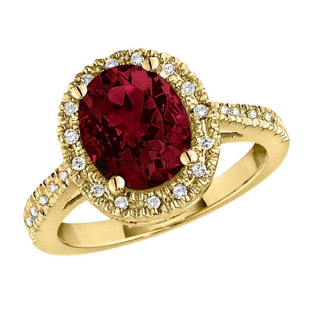 garnet and diamond ring, garnet diamond gold ring, halo diamond gemstone ring, large gemstone halo gold ring