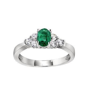 may birthstone jewelry, emerald birthstone ring, three stone accent ring, emerald and diamond ring, gemstone and diamond ring, made in USA jewelry, emerald diamond gold ring