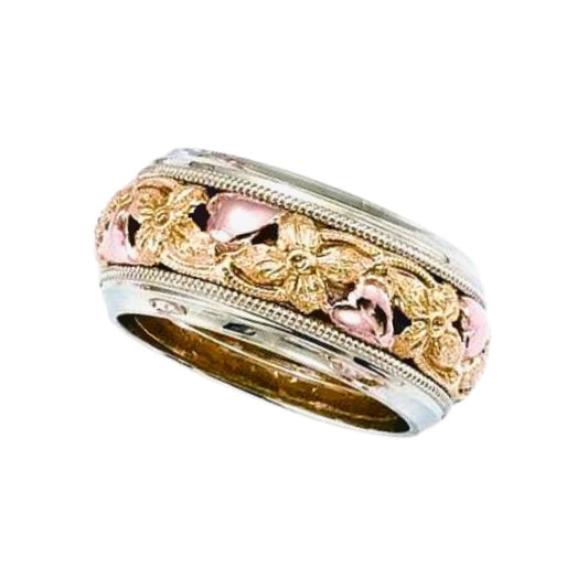 floral wedding rings, vintage wedding rings, three tone gold bands, flower wedding rings, flower wedding bands, jabel weddding bands, dies struck wedding rings