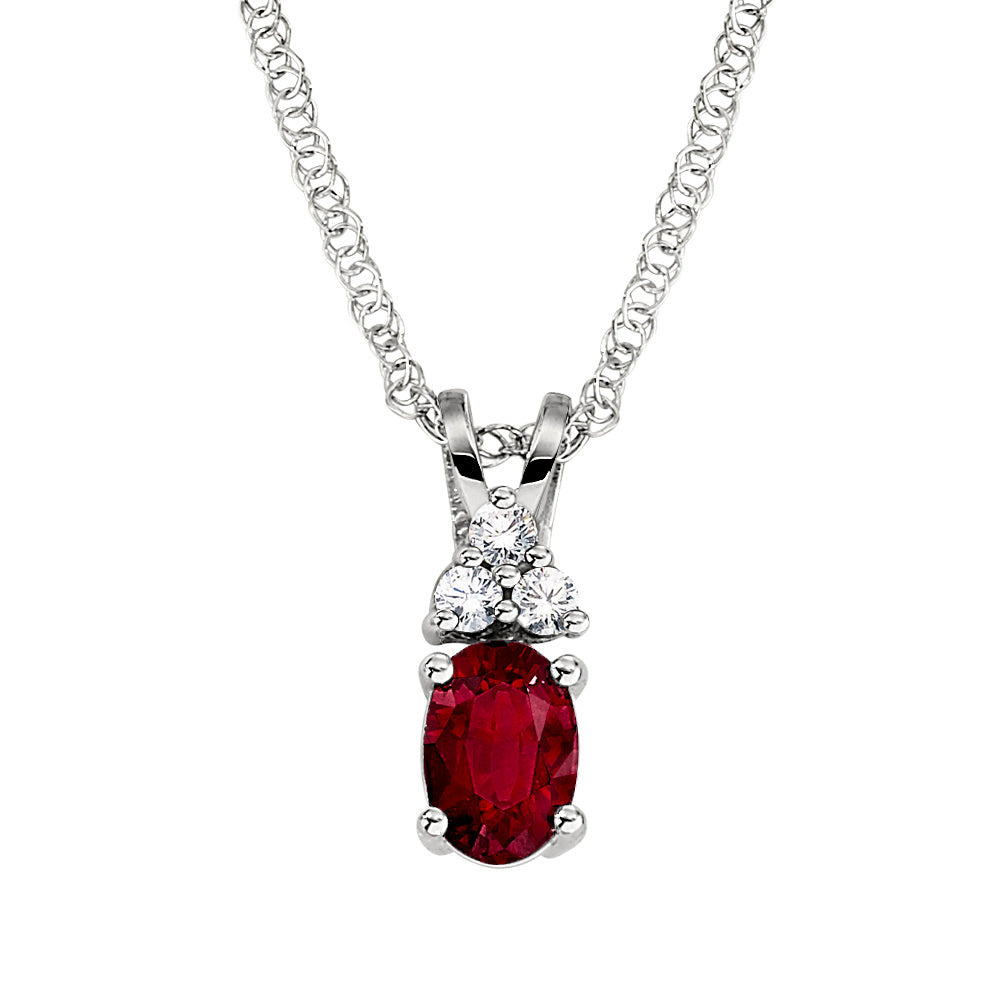 July birthstone, ruby and diamond gold pendant, three stone accent pendant, three stone accent necklace, ruby pendant, ruby necklace