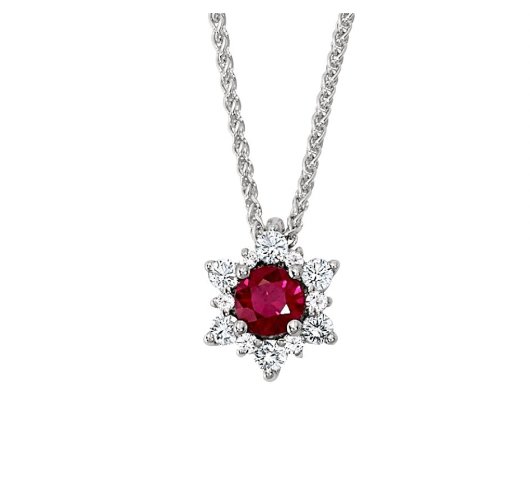 ruby and diamond pendant, ruby and diamond halo pendant, ruby and diamond starburst pendant, ruby and diamond snowflake pendant