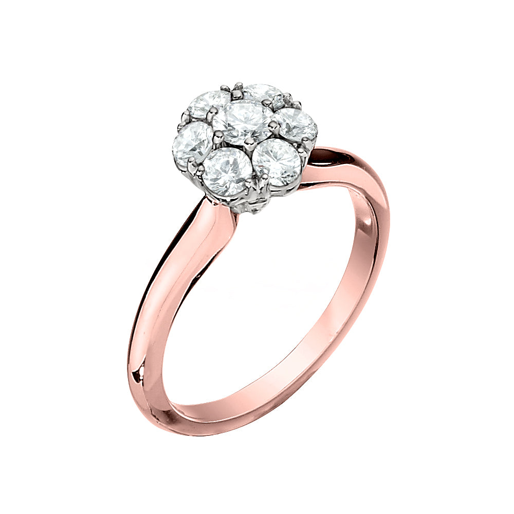 rose gold diamond cluster ring, round diamond cluster ring, diamond cluster ring, diamond gold ring, Jabel die struck diamond rings, diamond rose gold Jabel ring