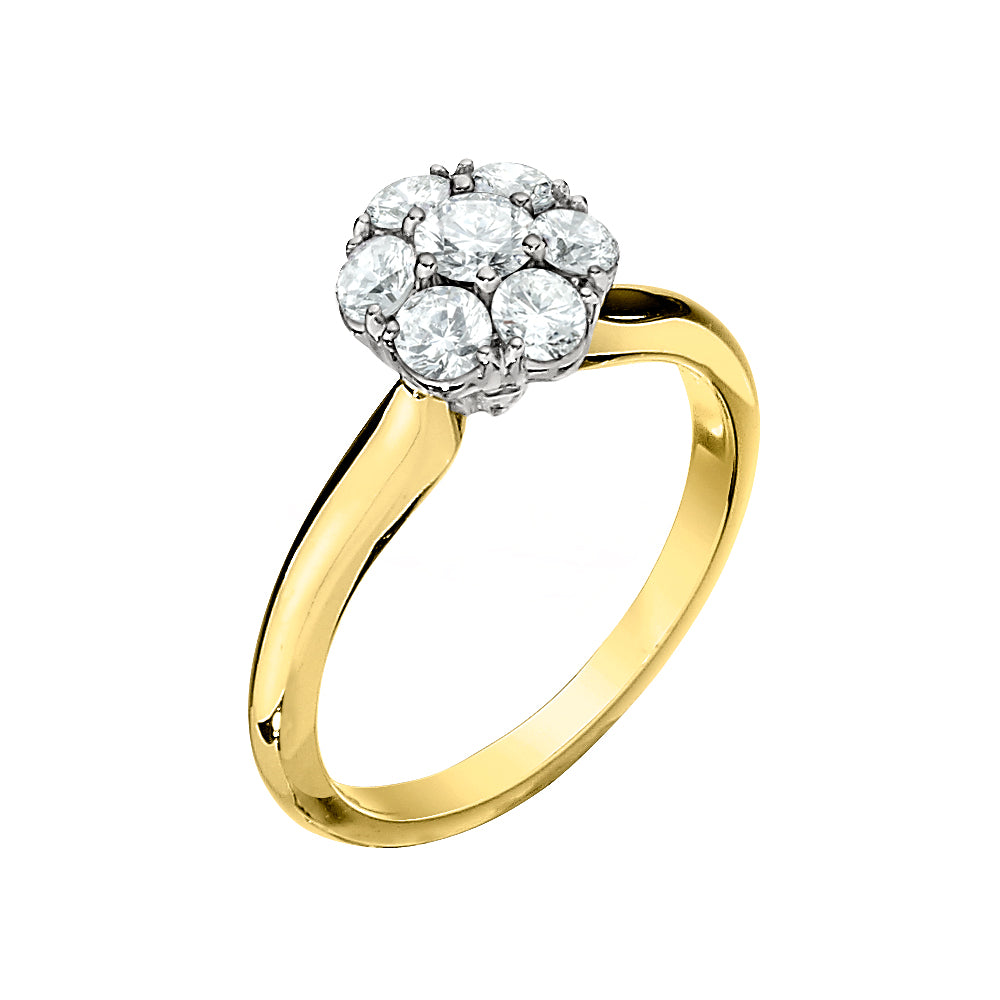 yellow gold diamond cluster ring, round diamond cluster ring, diamond cluster ring, diamond gold ring, Jabel die struck diamond rings, diamond two tone gold Jabel ring