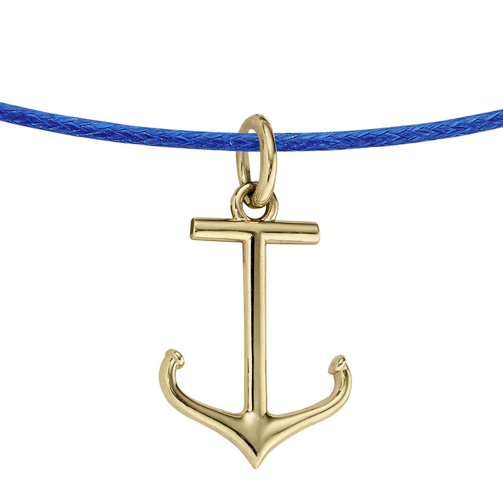 14K Yellow Gold Anchor Pendant on Leather Chain