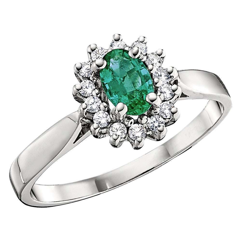 Emerald and Diamond Halo Ring, Princess Di Style Ring