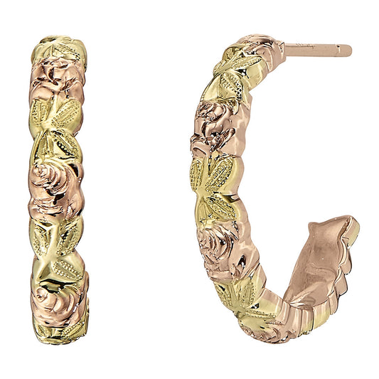 rose and leaf hoop earrings, Jabel rose and leaf jewelry, pink and green gold flower jewlery