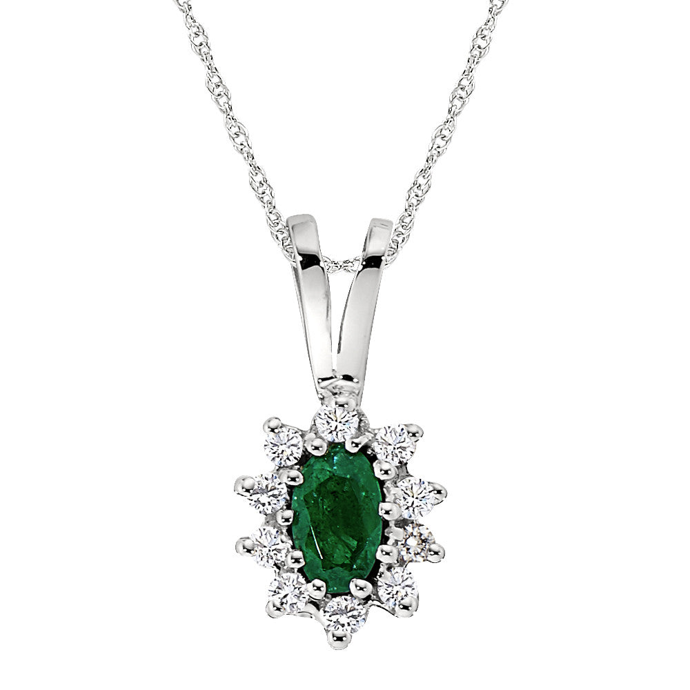 Emerald and Diamond Halo Pendant, May Birthstone Jewelry, Emerald Birthstone Jewelry, pricess diana style pendant, emerald diamond gold pendant