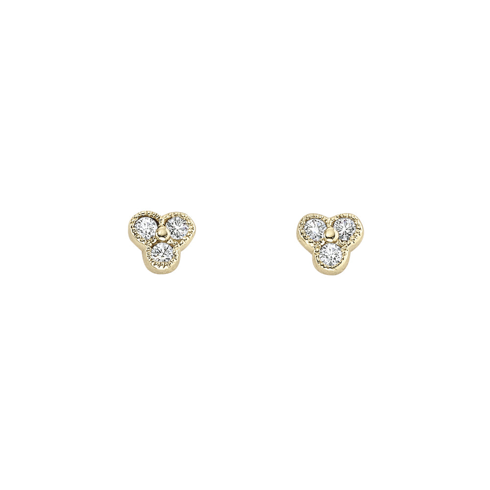 three stone diamond cluster earrings, millgrained three stone earrings